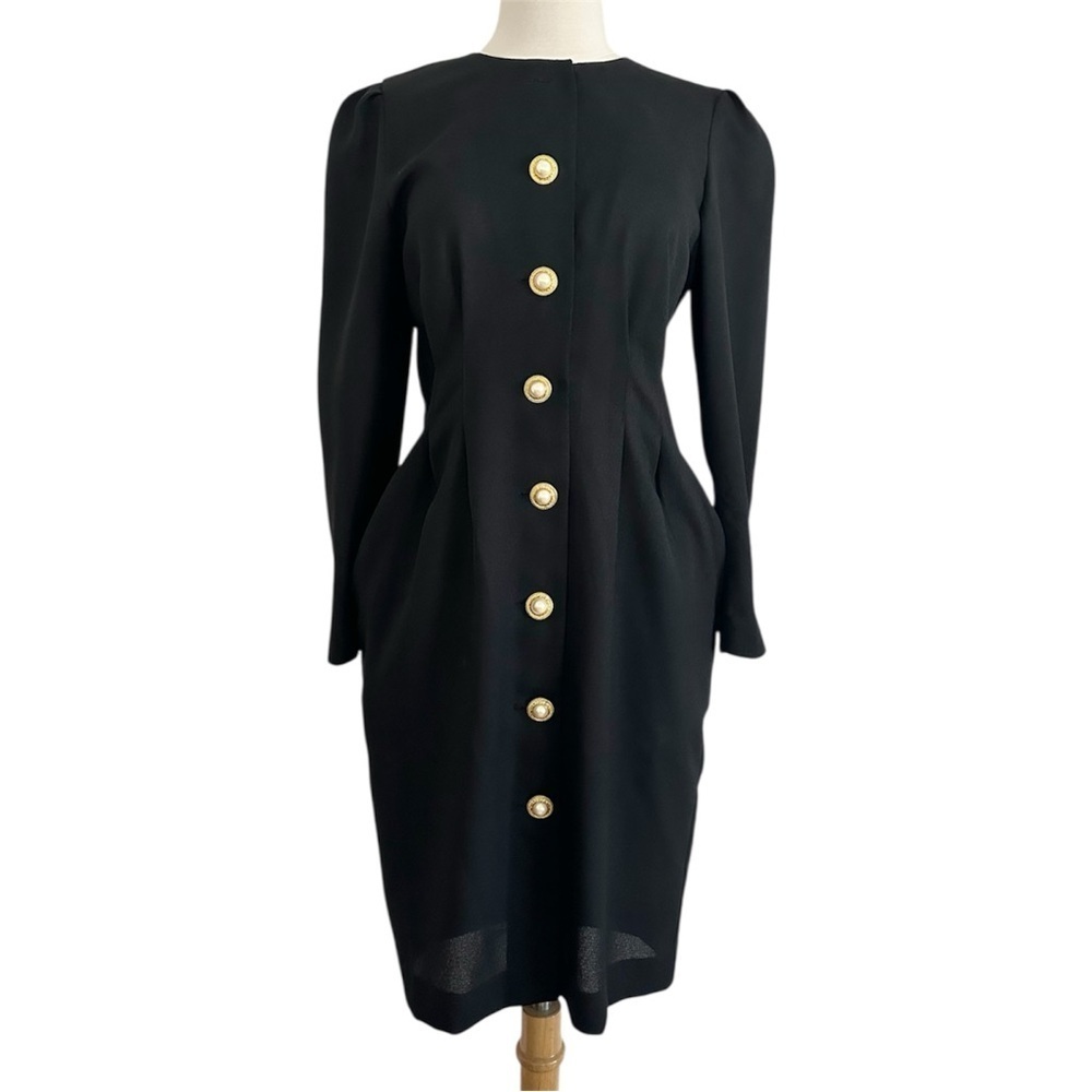 Vintage 80s 90s Karin Stevens Dress Pearl Button Black Sheer Midi Rockabilly Sm
